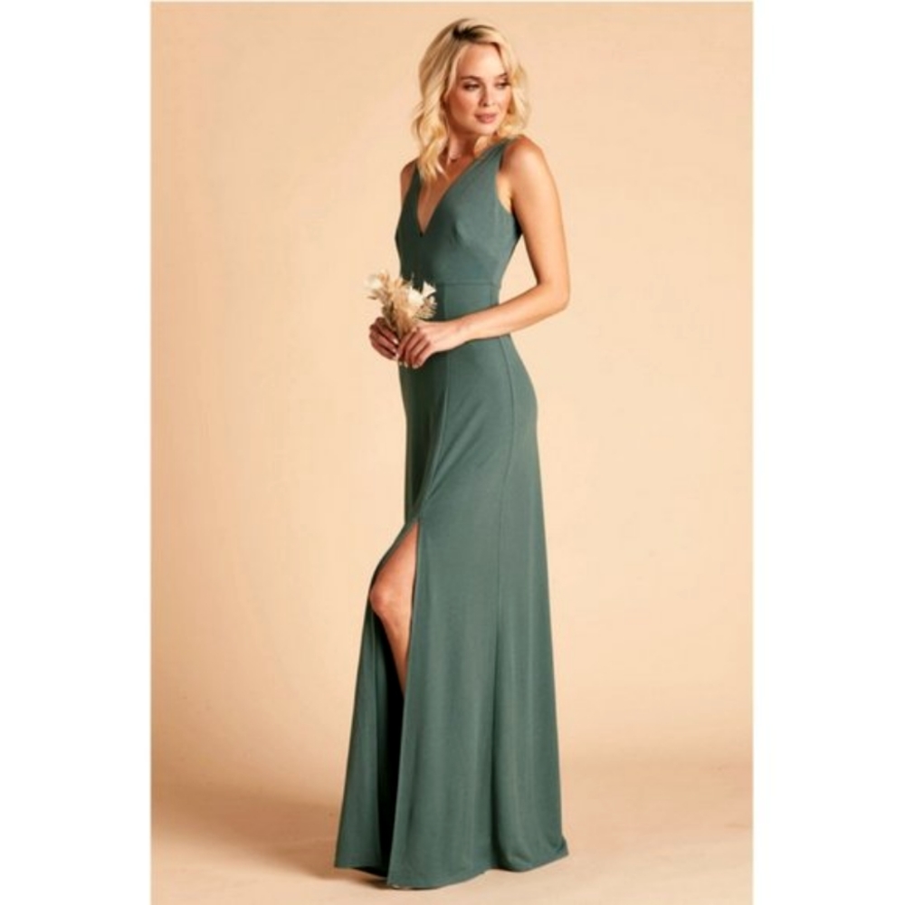 Birdy Grey Shamin V-Neck Crepe Sleeveless Maxi Dress w/Slit in Sea Glass Green - Picture 4 of 5